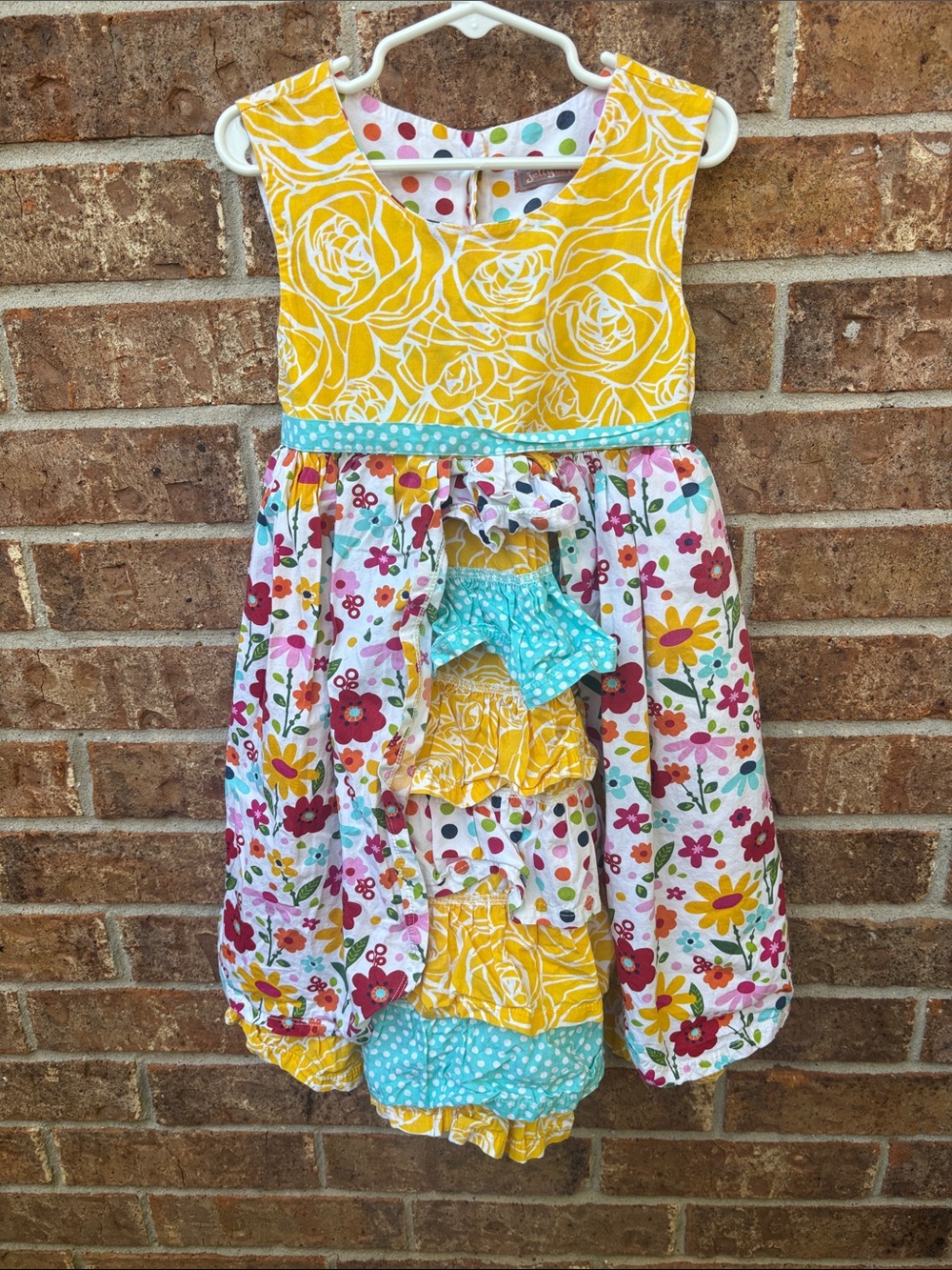 Jelly the pug Bright Floral Ruffle Sundress with Polka Dot Accents
